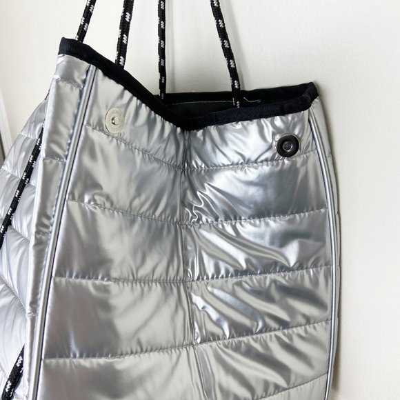 Puffer Metallic Silver Nylon Large Tote Puffy - Picture 10 of 10